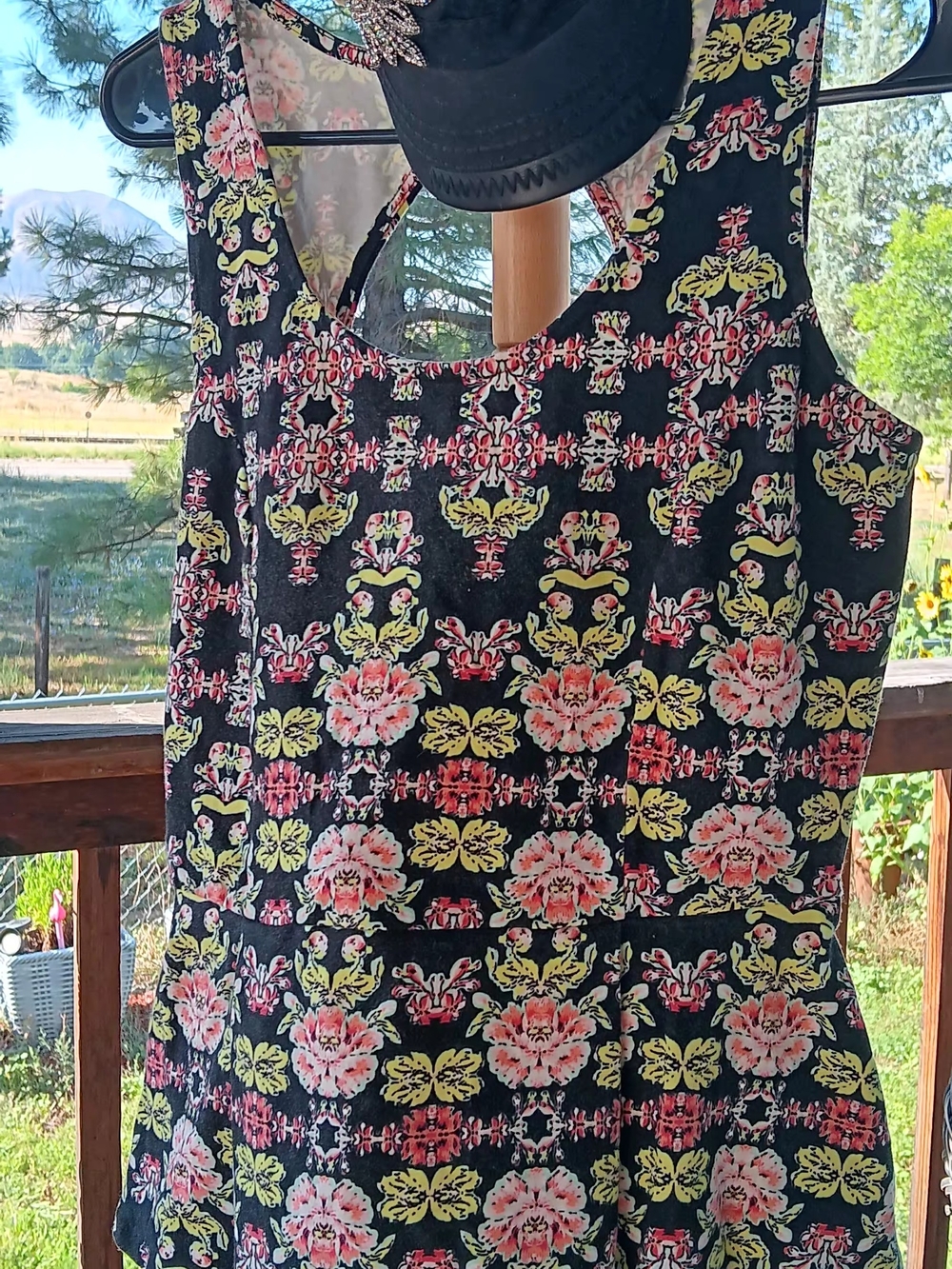 Candie's Black Floral Print Tank Top with Pink and Yellow Accents